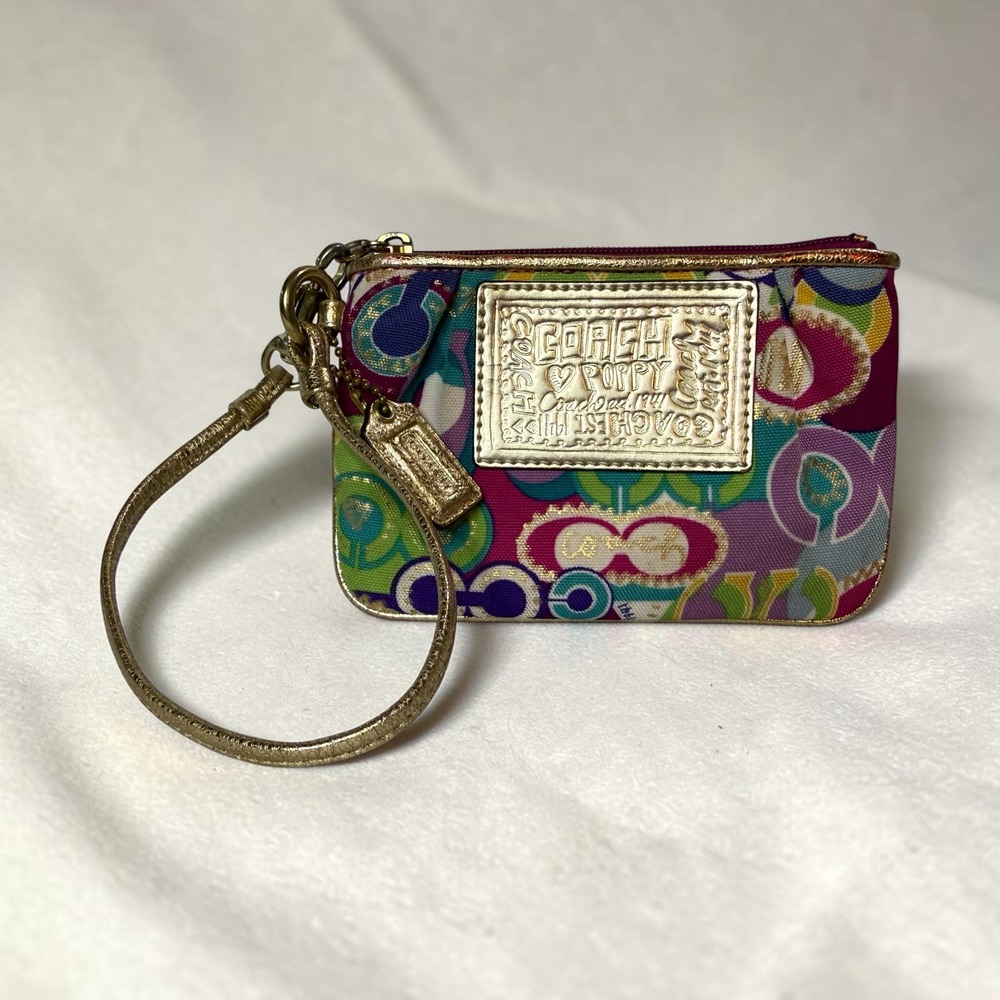 Coach Poppy Pop C Multicolor Wristlet Gold Metallic Strap Y2K Canvas Pouch